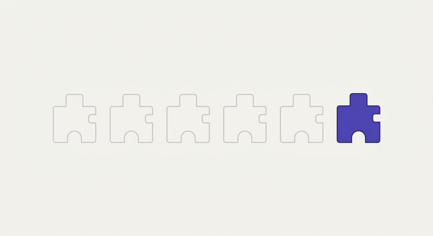 Flat illustration of one custom violet puzzle piece standing out from a row of identical grey copies