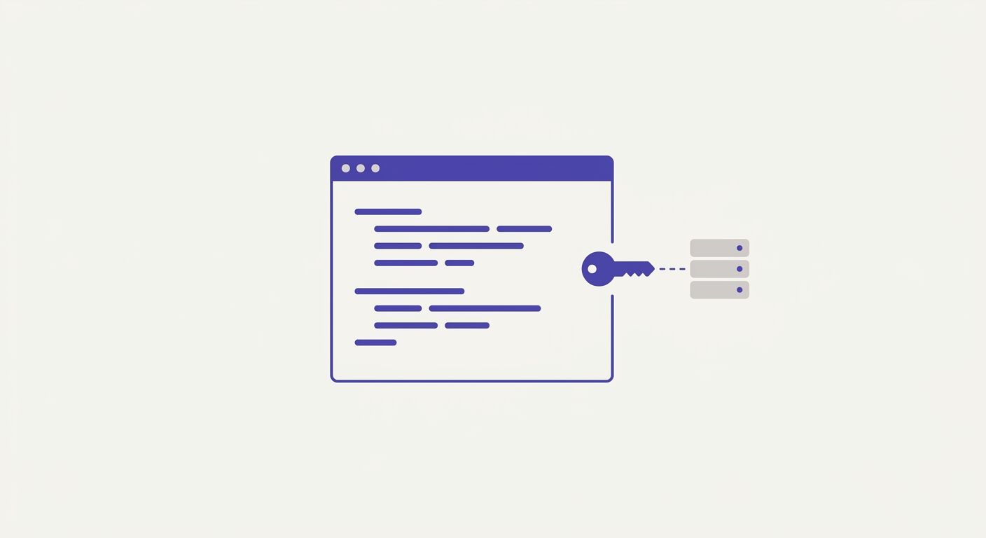 Flat illustration of a terminal window linked by a key to a server, representing SSH access to a WordPress site