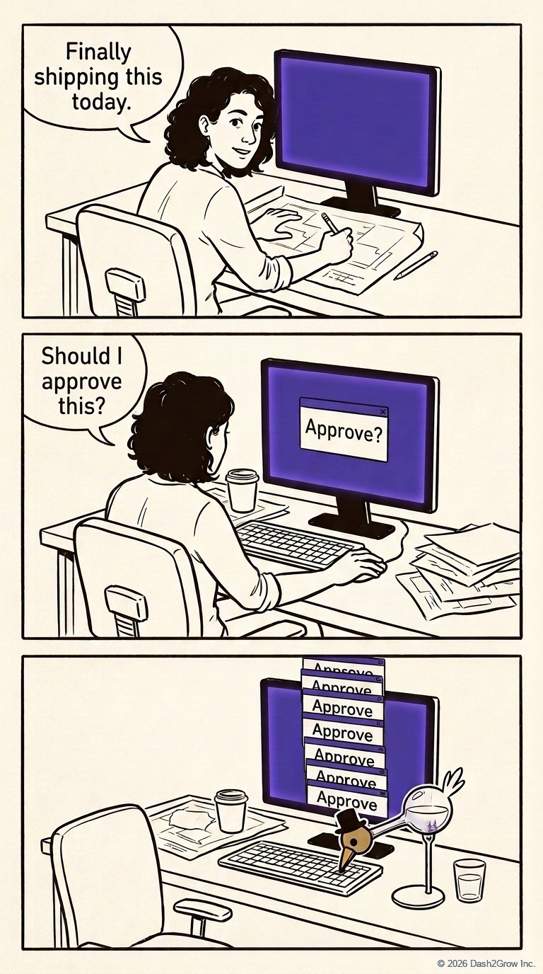 Three-panel cartoon: a person works at a desk, then slumps clicking Approve, then the chair is empty and a drinking bird toy presses the key.