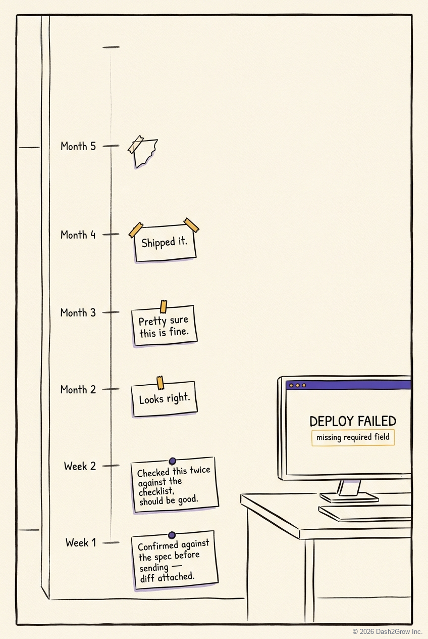 A growth chart of handwritten notes from an AI, taped higher up a wall each month: Confirmed against the spec before sending, diff attached at the bottom, shrinking to Shipped it near the top, where the highest mark has no note at all, just a torn paper corner. Below it, a monitor shows a DEPLOY FAILED error reading missing required field.
